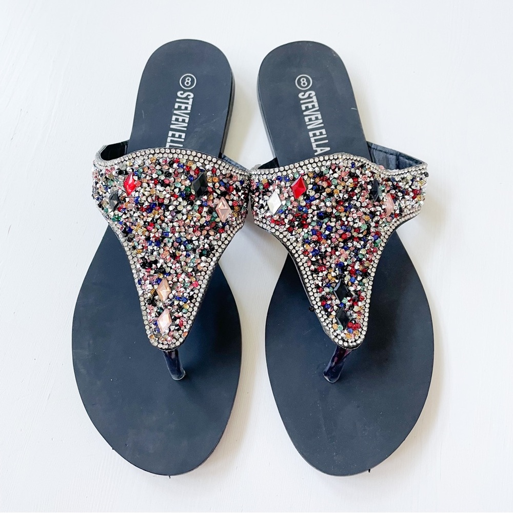 Steven Ella Black Sandals with Multicolor Rhinestones B16507 NEW
